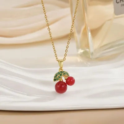 Women Fashion Red Cherry Titanium Steel Pendant Necklace