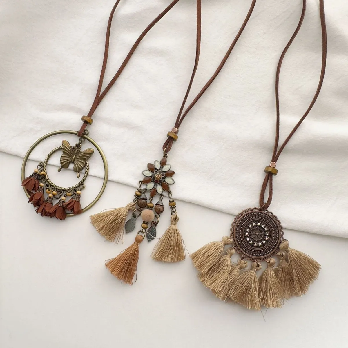 Women Fashion Retro Boho Butterfly Flower Tassel Pendant Necklace