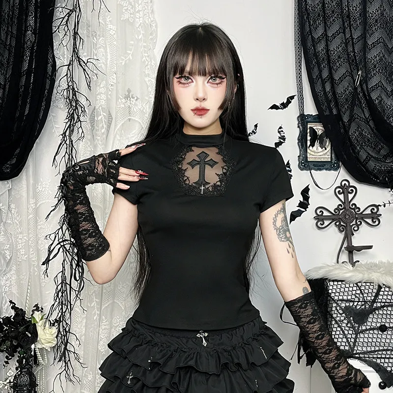 Women Sexy Gothic Cross Lace Splice Short Sleeve T-Shirt