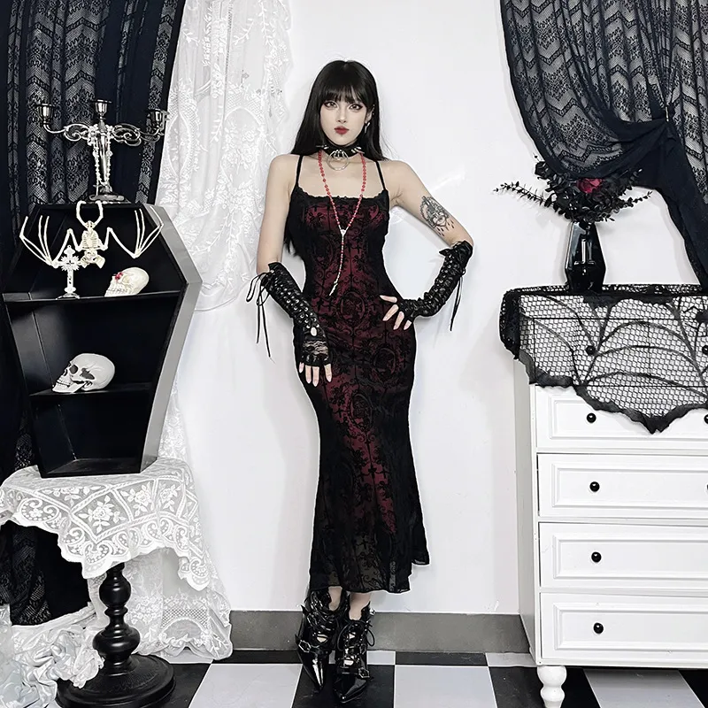 Women Sexy Retro Gothic Lace Cross Flocking Camisole Maxi Dress