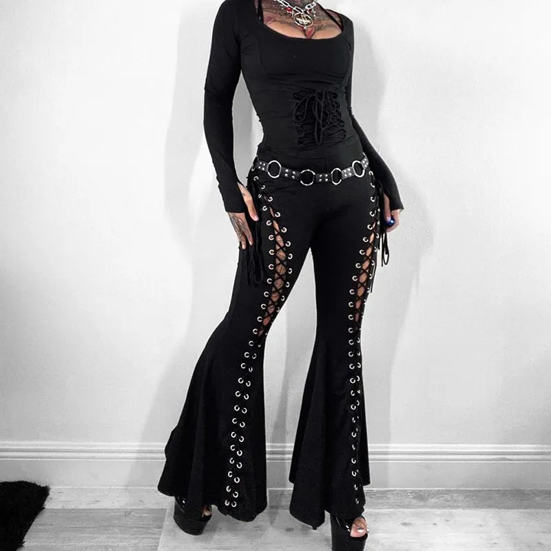 Women Fashion Sexy Gothic Hollow-Out Lace-Up Flared Pants