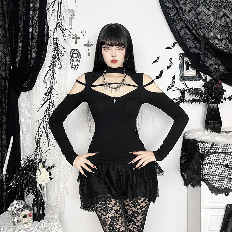 Women Gothic Hollow-Out Long-Sleeve T-Shirt Street Hipster Style