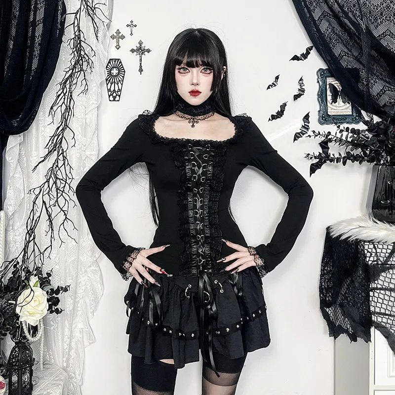 Women Fashion Sexy Gothic Lace Splice Lace-Up Long-Sleeve Crewneck T-Shirt