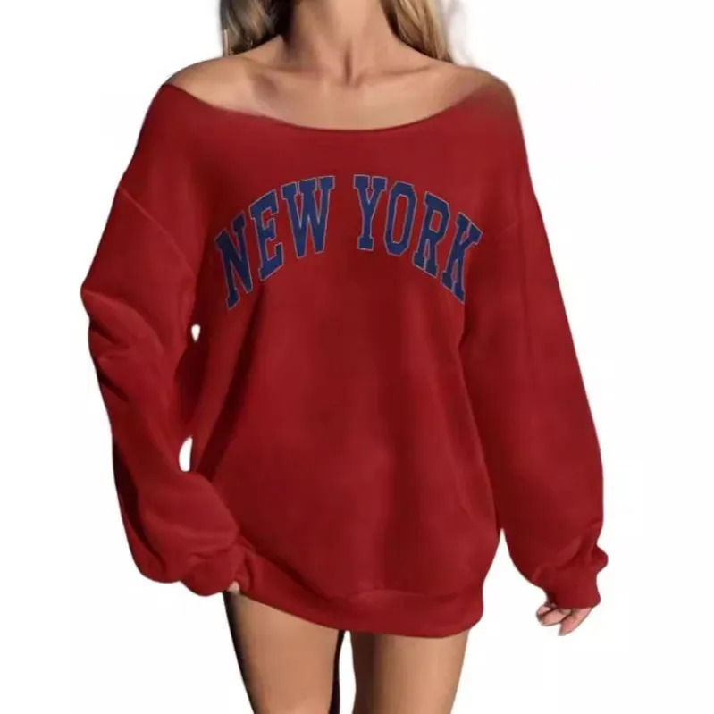 Women Casual Loose Off Shoulder Letter Print Sweatshirt