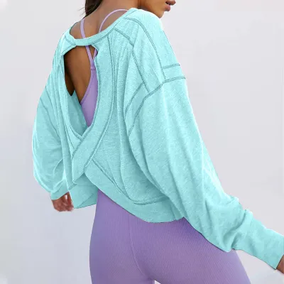 Women Casual Loose Solid Color Hollow-Out Backless Pullover Sweatshirt