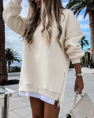 Women Casual Loose Stitching Side Zipper Sweatershirt