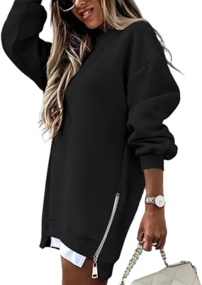 Women Casual Loose Stitching Side Zipper Sweatershirt