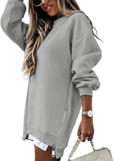 Women Casual Loose Stitching Side Zipper Sweatershirt