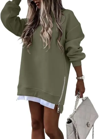 Women Casual Loose Stitching Side Zipper Sweatershirt