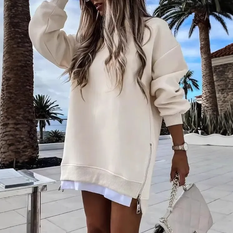 Women Casual Loose Stitching Side Zipper Sweatershirt
