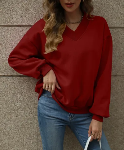 Women Casual V-Neck Fleece-Lined Loose Bat Sleeve Solid Color Sweatshirt
