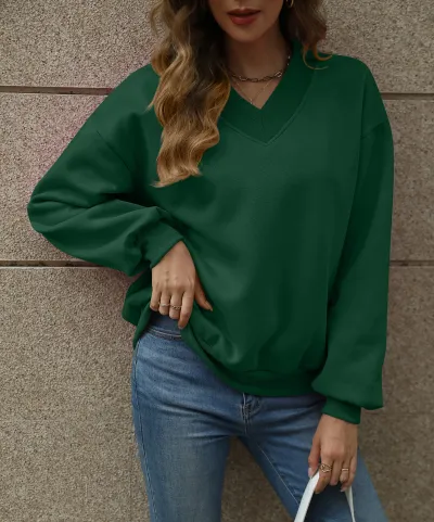 Women Casual V-Neck Fleece-Lined Loose Bat Sleeve Solid Color Sweatshirt
