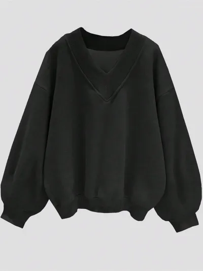 Women Casual V-Neck Fleece-Lined Loose Bat Sleeve Solid Color Sweatshirt