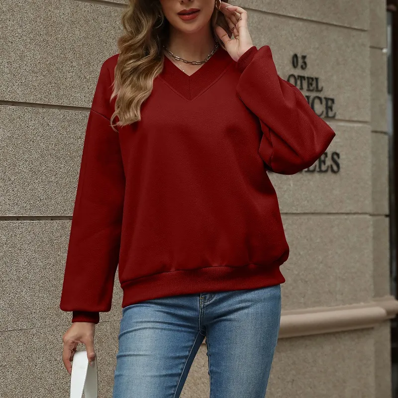Women Casual V-Neck Fleece-Lined Loose Bat Sleeve Solid Color Sweatshirt