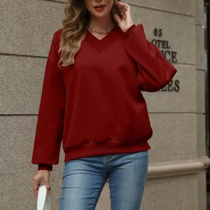 Women Casual V-Neck Fleece-Lined Loose Bat Sleeve Solid Color Sweatshirt