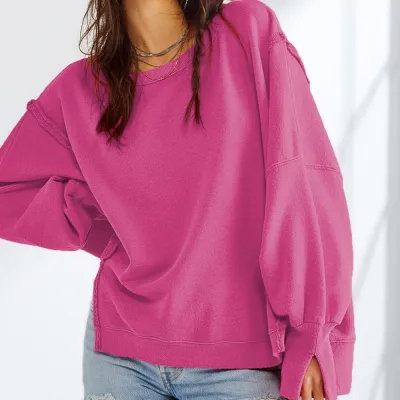Women Casual Solid Color Bat Sleeve Pullover Sweatshirt