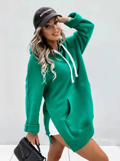 Women Casual Loose Fit Hoodie Pullover Solid Color Raglan Sleeves