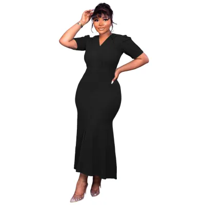 Women Elegant Solid Color V-Neck Short-Sleeve Slim Fit Fishtail Maxi Dress