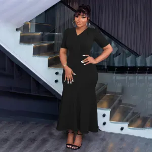 Women Elegant Solid Color V-Neck Short-Sleeve Slim Fit Fishtail Maxi Dress