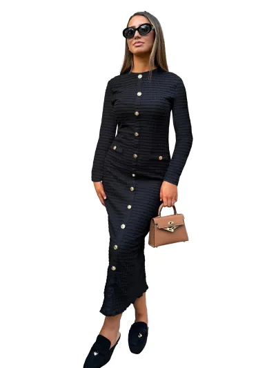Women Retro Round Neck Long Sleeve Button Slim Fit Knit Midi Dress