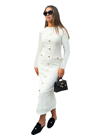 Women Retro Round Neck Long Sleeve Button Slim Fit Knit Midi Dress