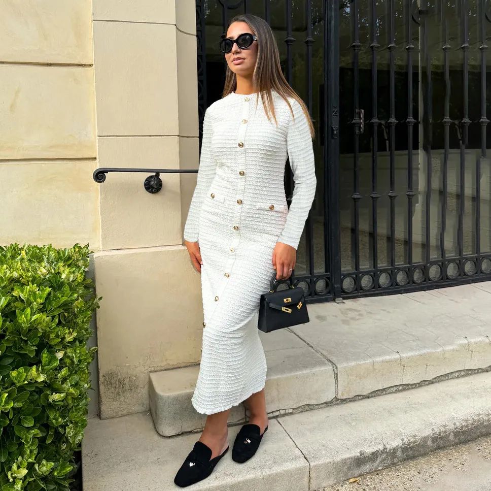 Women Retro Round Neck Long Sleeve Button Slim Fit Knit Midi Dress
