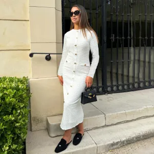 Women Retro Round Neck Long Sleeve Button Slim Fit Knit Midi Dress