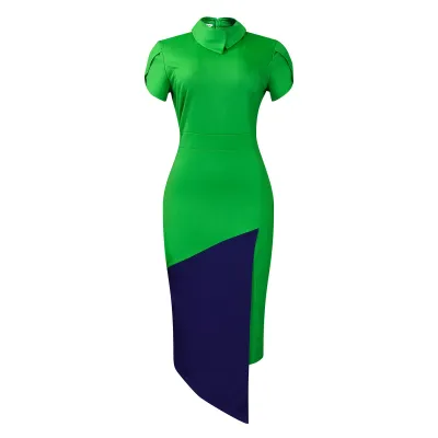 Women Fashion Casual Elegant Stand Collar Short-Sleeved Color-Block Midi Dress