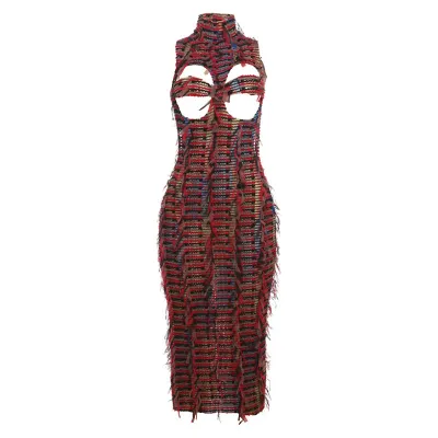 Women Fashion Sexy Tie-Dye Hollow Backless Sleeveless High Waist Slim Fit Dress