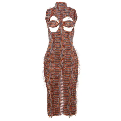 Women Fashion Sexy Tie-Dye Hollow Backless Sleeveless High Waist Slim Fit Dress