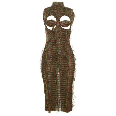 Women Fashion Sexy Tie-Dye Hollow Backless Sleeveless High Waist Slim Fit Dress