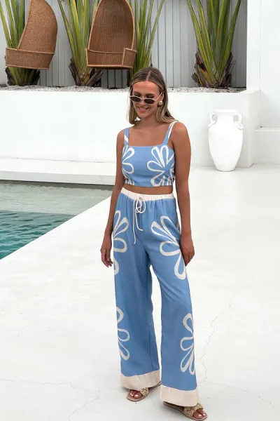 Women's Casual Floral Printed Camisole Crop Top Wide Leg Pants Two-Piece Set