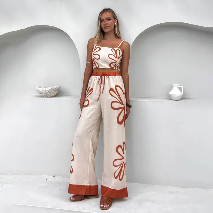 Women's Casual Floral Printed Camisole Crop Top Wide Leg Pants Two-Piece Set