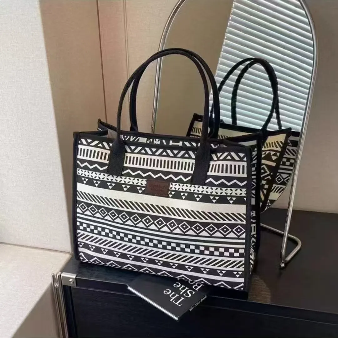 Women Fashion Casual Geometric Pattern Large Capacity Canvas Tote Bag