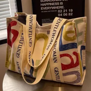 Women Casual Letter Printed Canvas Tote Bag