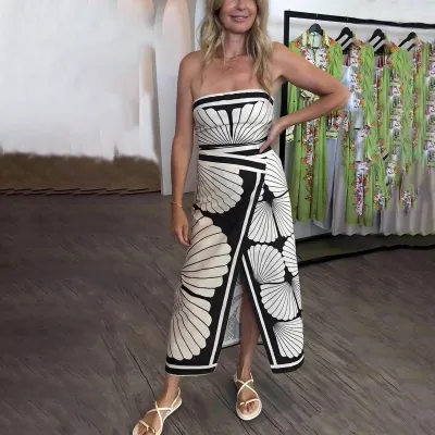 Women Fashion Sexy Shell Print Sleeveless Backless Split Midi Dress
