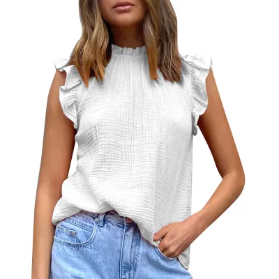 Women Casual Chiffon Solid Color Lotus Leaf Sleeveless Blouse