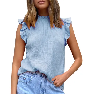 Women Casual Chiffon Solid Color Lotus Leaf Sleeveless Blouse
