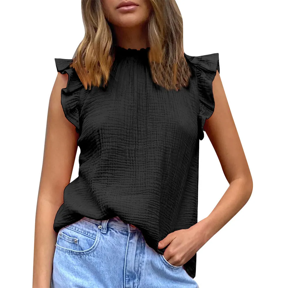 Women Casual Chiffon Solid Color Lotus Leaf Sleeveless Blouse