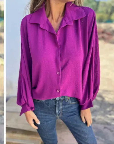Women Casual Solid Color Long Sleeve Button Blouse with Bubble Sleeves