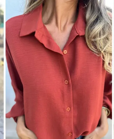 Women Casual Solid Color Long Sleeve Button Blouse with Bubble Sleeves