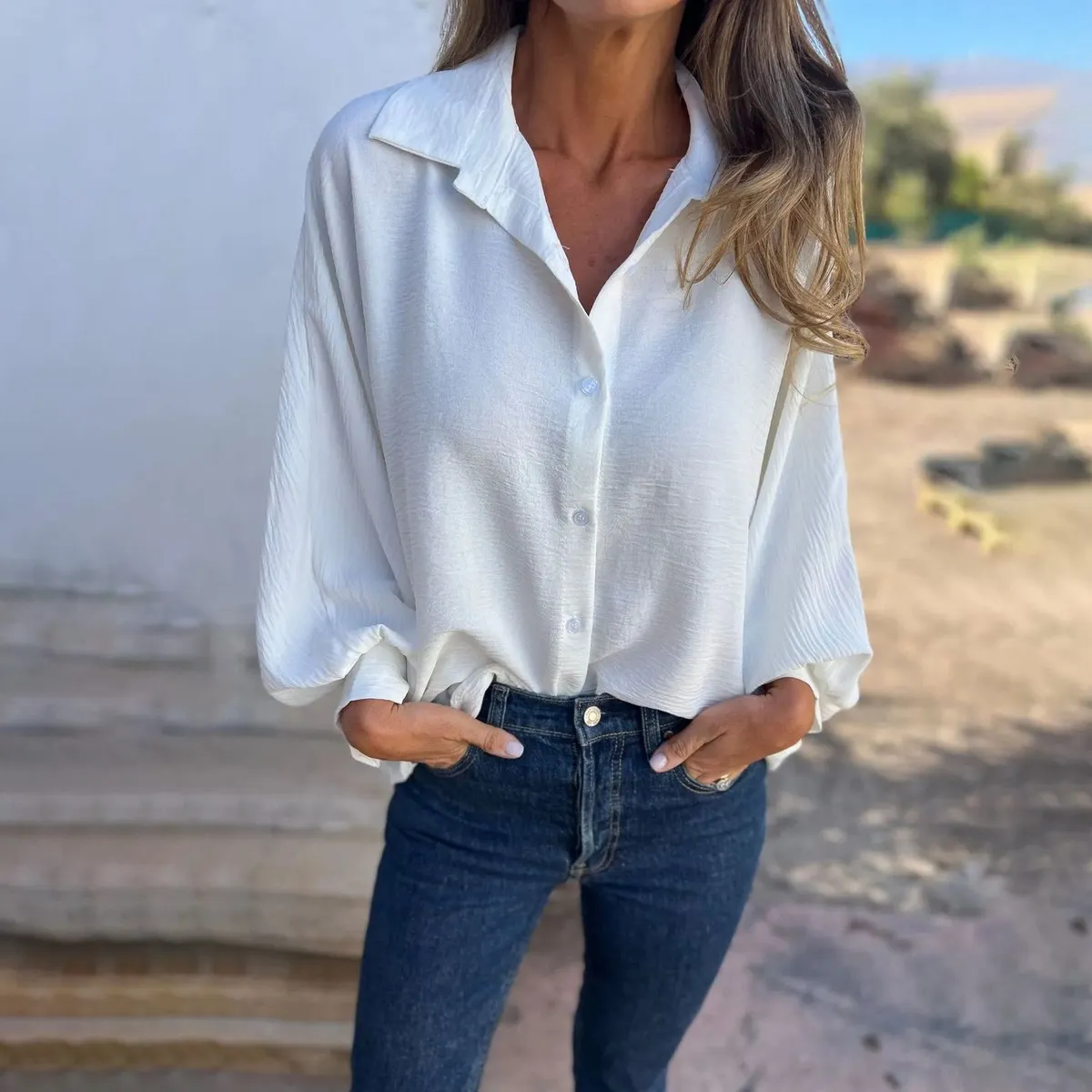 Women Casual Solid Color Long Sleeve Button Blouse with Bubble Sleeves