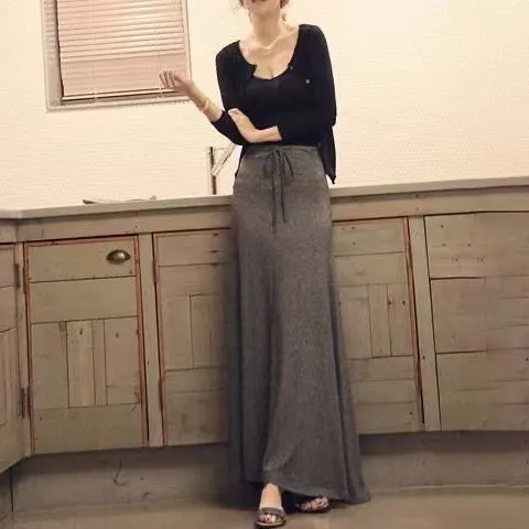 Women Casual High Waist Side Split A-Line Skirt Solid Color