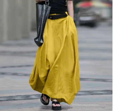 Women Casual High Waist A-Line Skirt Solid Color Long