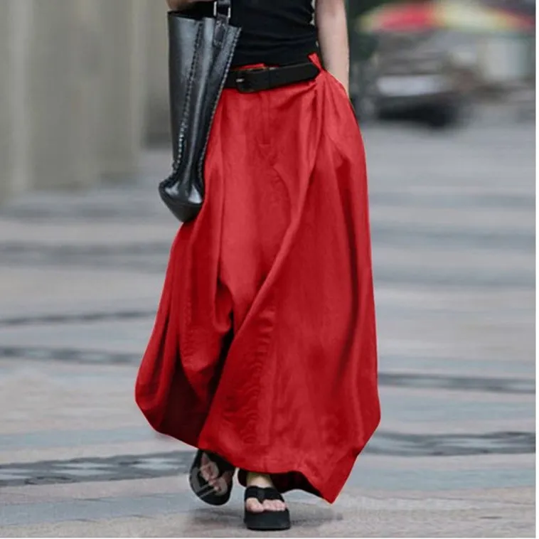 Women Casual High Waist A-Line Skirt Solid Color Long