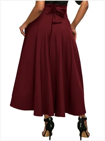 Women Casual High Waist Pleated Skirt with Pockets - Solid Color Long Dress