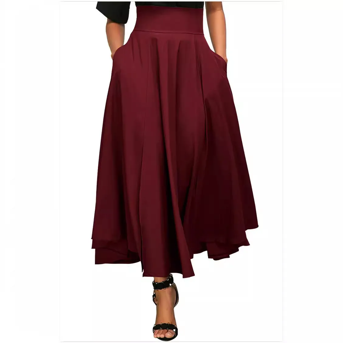 Women Casual High Waist Pleated Skirt with Pockets - Solid Color Long Dress