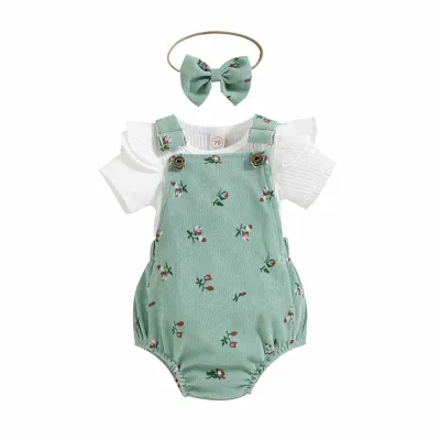 Kids Baby Girls Casual Cute Short Sleeve Floral Corduroy Romper Set