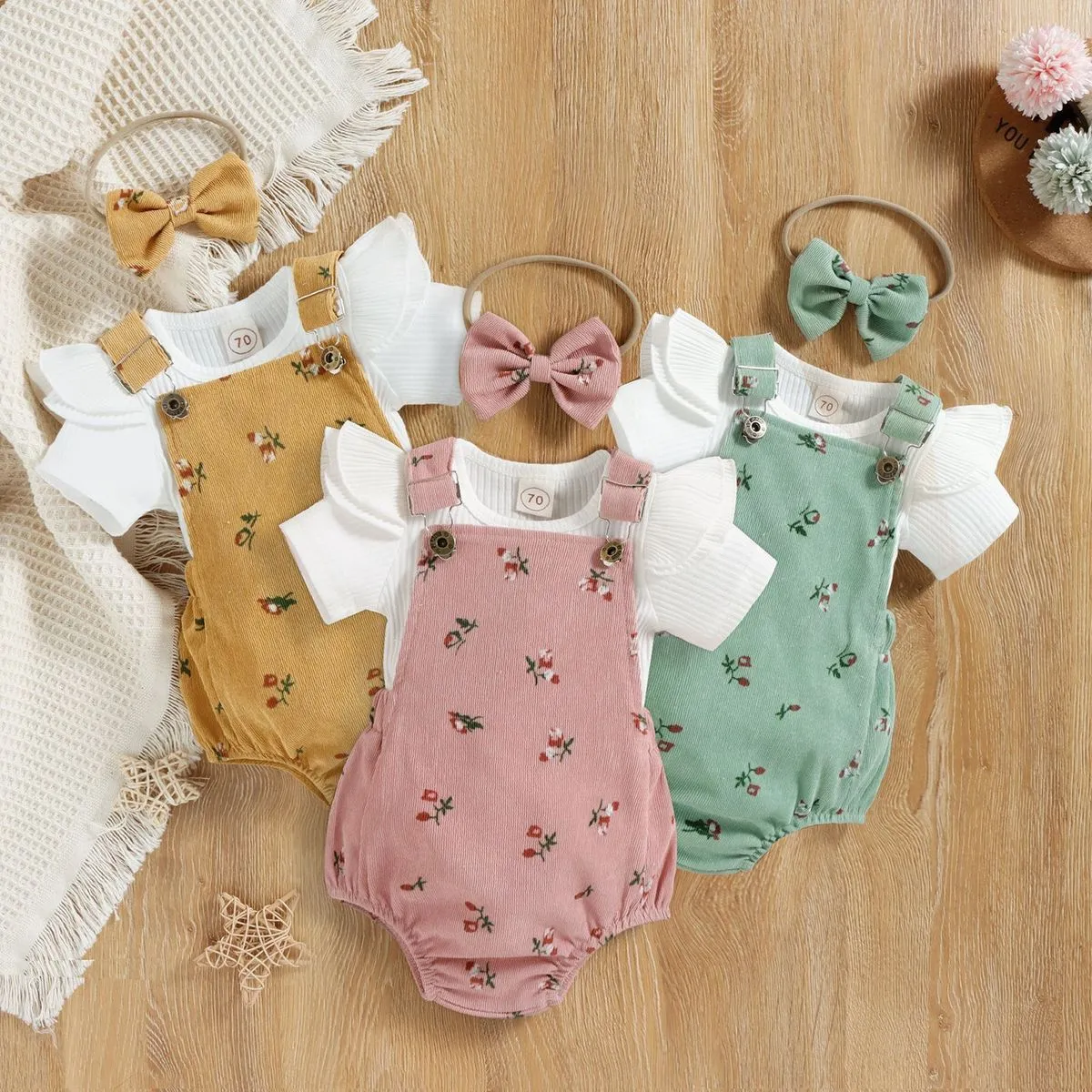 Kids Baby Girls Casual Cute Short Sleeve Floral Corduroy Romper Set