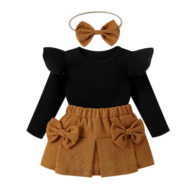 Kids Baby Girls Casual Cute Long Sleeve Romper Bow Skirt Set